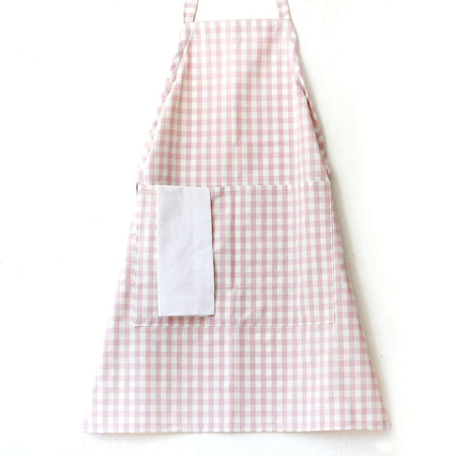 Powder color and white checkered woven fabric kitchen apron with ties / 90x70 cm - 3