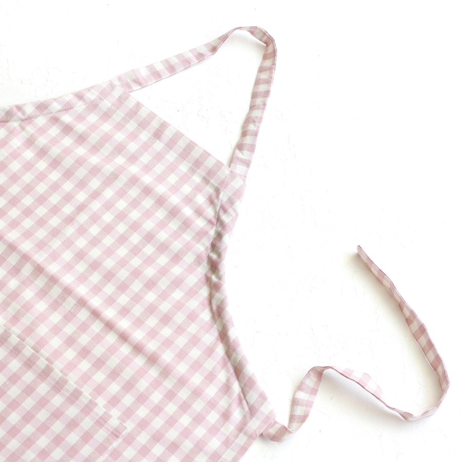 Powder color and white checkered woven fabric kitchen apron with ties / 90x70 cm - 2