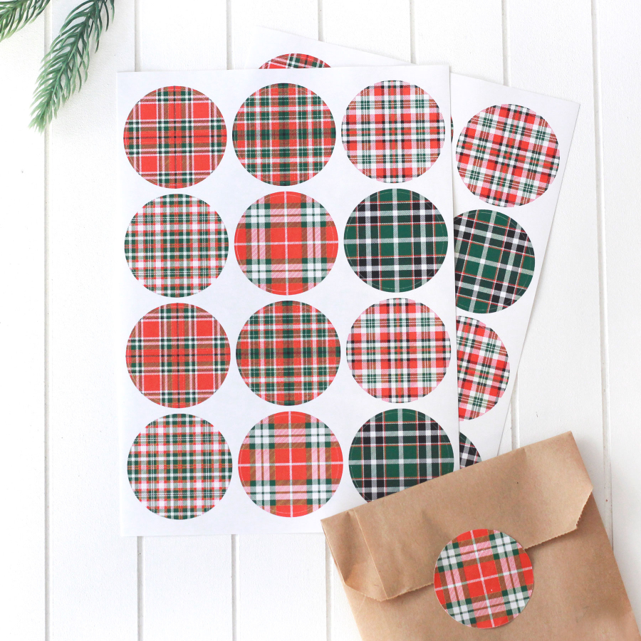 Christmas plaid round sticker, 4.2 cm / 2 sheets - 1
