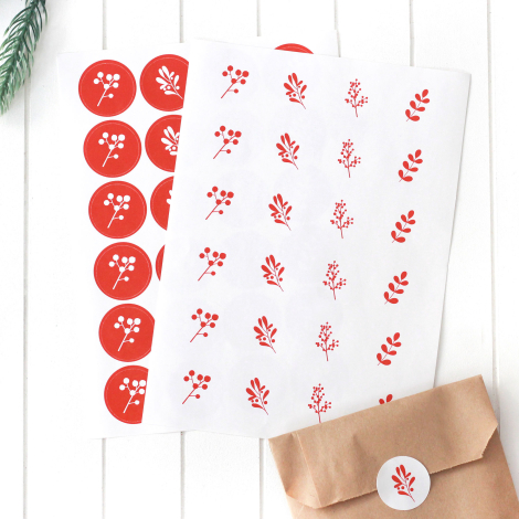 Christmas floral sticker set, 2.75 cm / 2 sheets (Red-White) - Bimotif