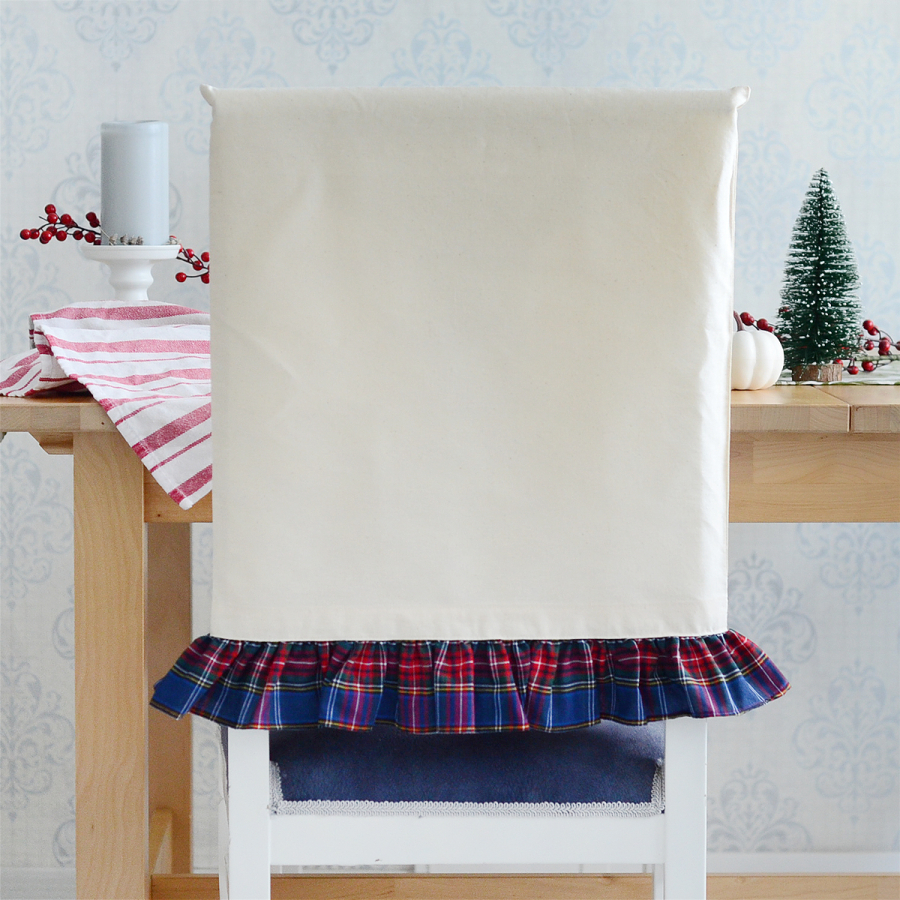 Cream raw cloth chair cover with navy blue plaid ruffles, 47x52 cm - 1