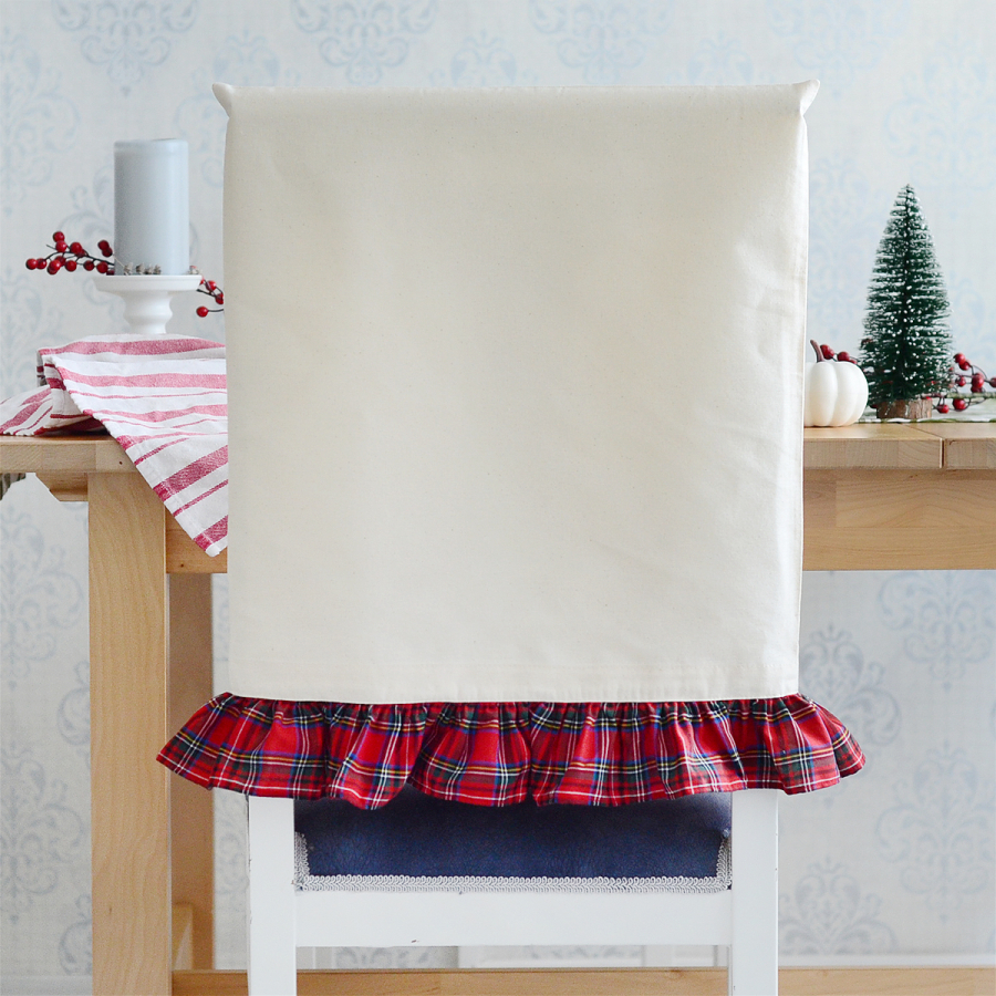 Cream raw cloth chair cover with red plaid ruffles, 47x52 cm - 1
