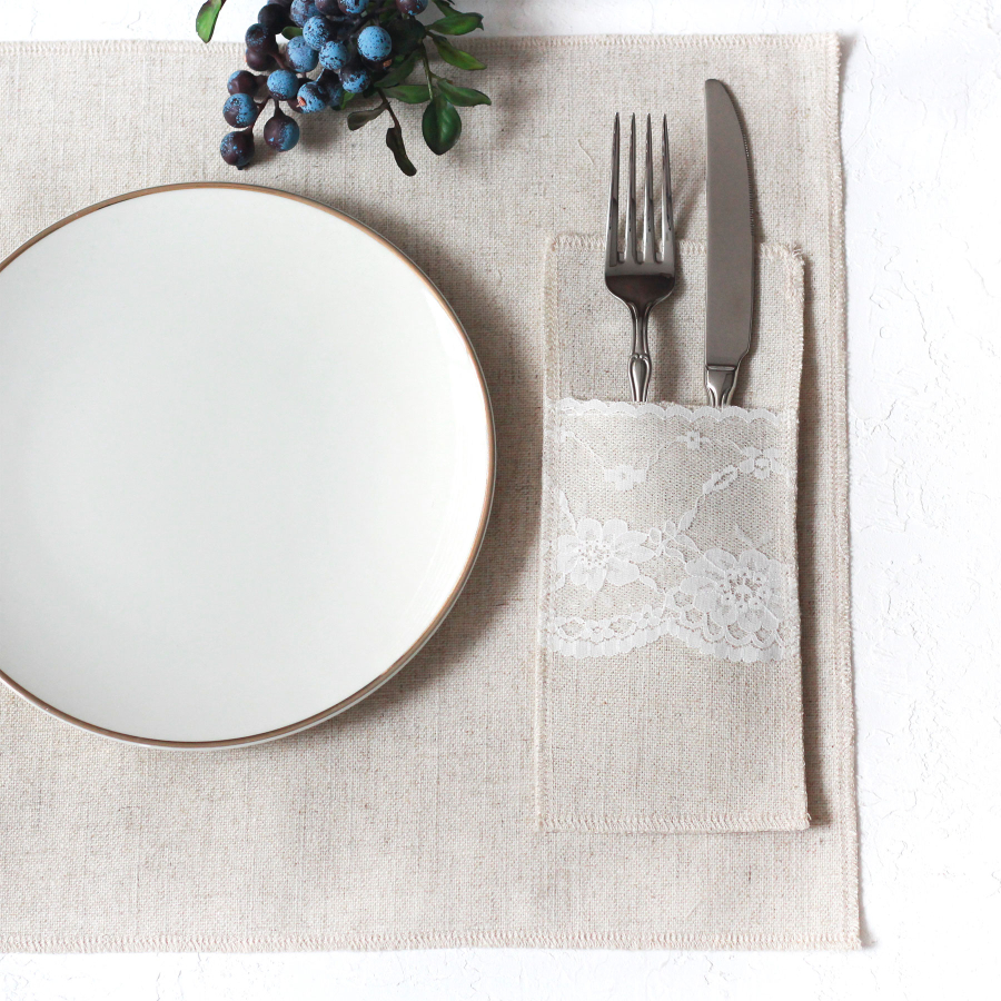 Poly-linen cutlery cover with lace, natural, 10x22 cm / 4 pcs - 5