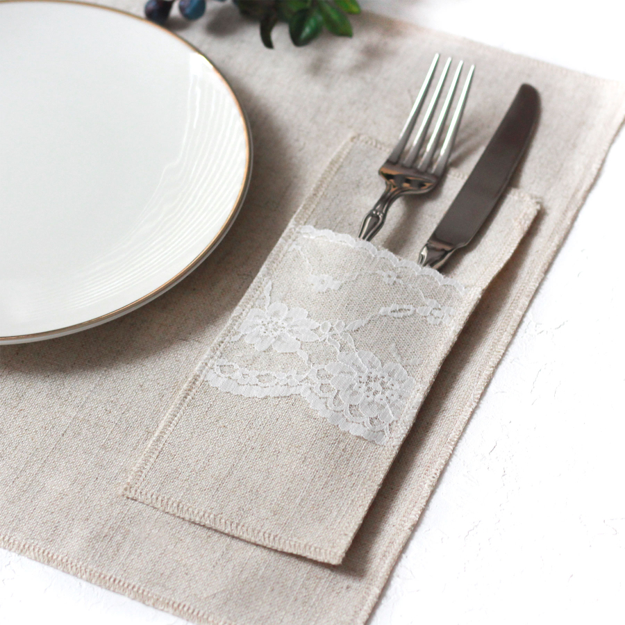Poly-linen cutlery cover with lace, natural, 10x22 cm / 4 pcs - 3
