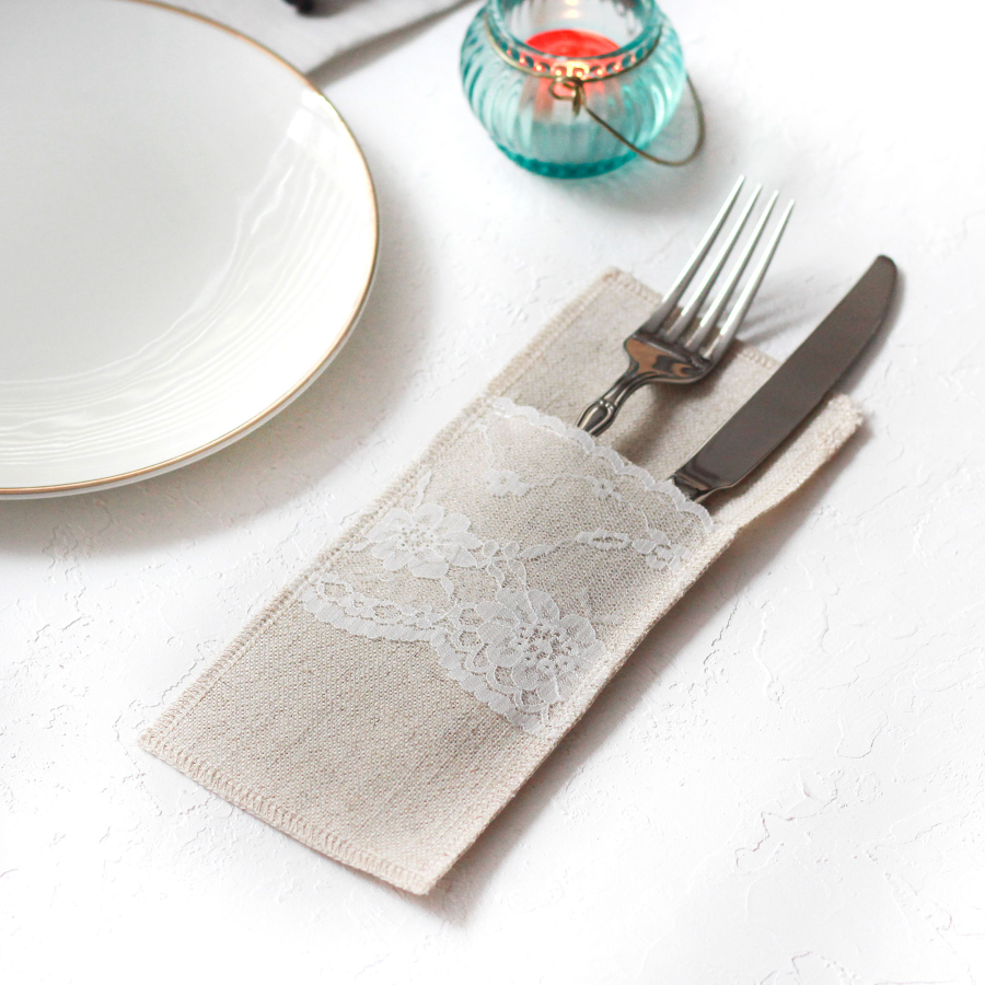 Poly-linen cutlery cover with lace, natural, 10x22 cm / 4 pcs - 2