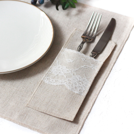 Poly-linen cutlery cover with lace, natural, 10x22 cm / 12 pcs - 3