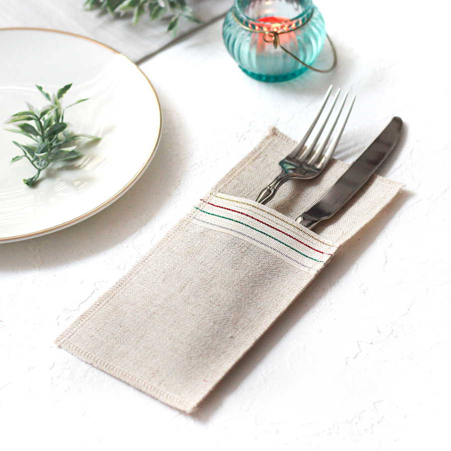 Poly-linen cutlery cover with Glittered stripes, natural, 10x22 cm / 12 pcs - 2
