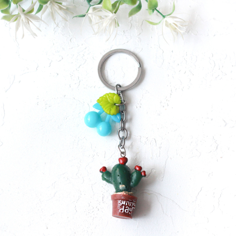 Cactus keyring with blue fruit, coffee pot, red hearts - Bimotif