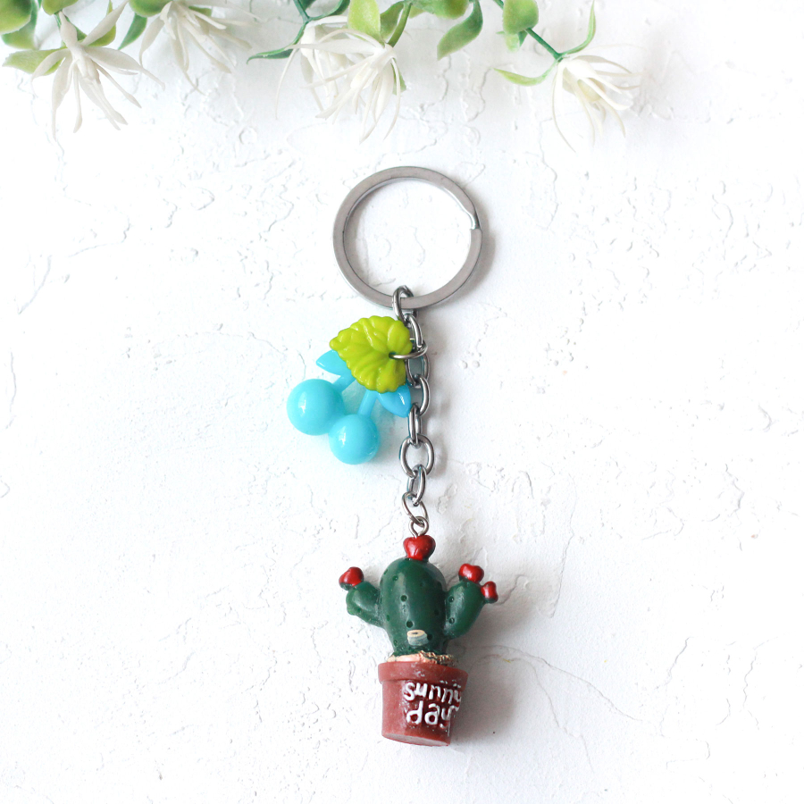 Cactus keyring with blue fruit, coffee pot, red hearts - 1