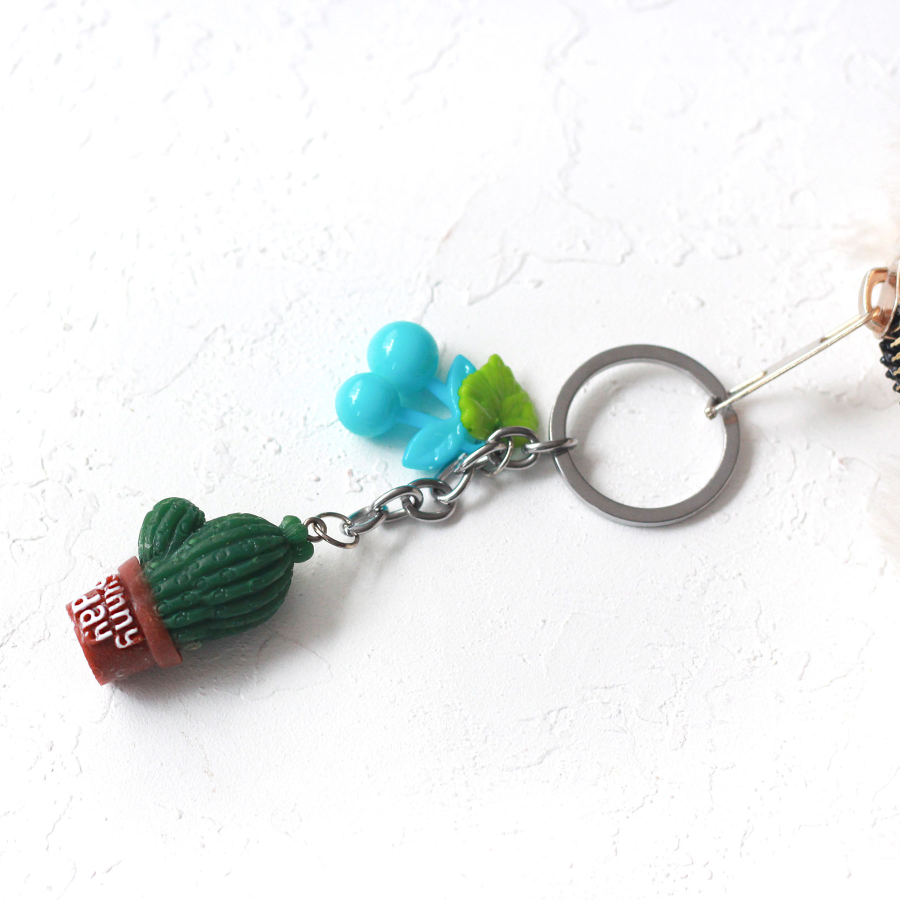 Cactus keyring with blue fruit and coffee pot, sunny day - 2