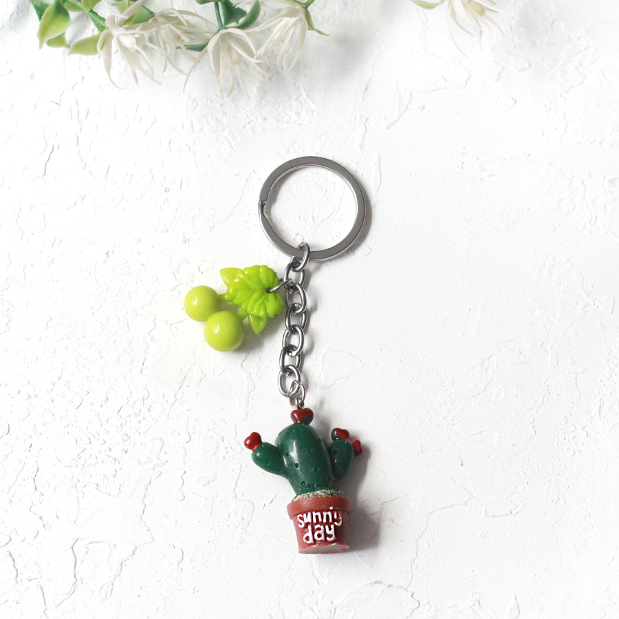 Cactus keyring with green fruit, coffee pot, red hearts - 1