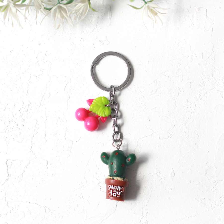 Cactus keyring with pink fruit and coffee pot, red spots - 1