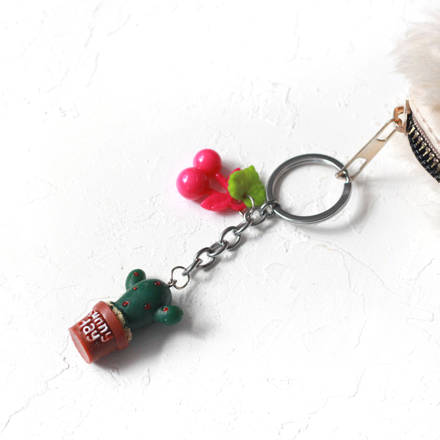 Cactus keyring with pink fruit and coffee pot, red spots - 2