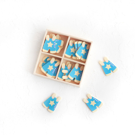 Blue baby jumpsuit ornament with wooden box, 24 pcs - Bimotif