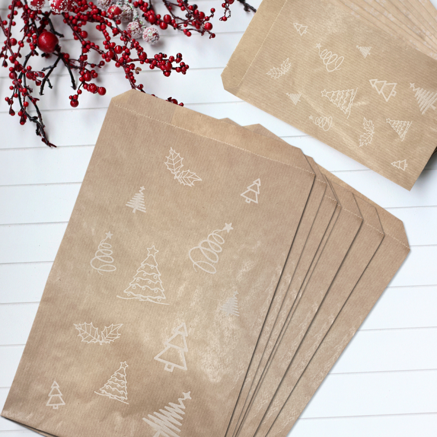 Pine patterned paper bag, kraft / 18x30 - 10 pcs - 1