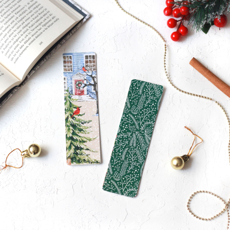 Christmas bookmark, green leaf-snowy garden / 2 pcs - Bimotif