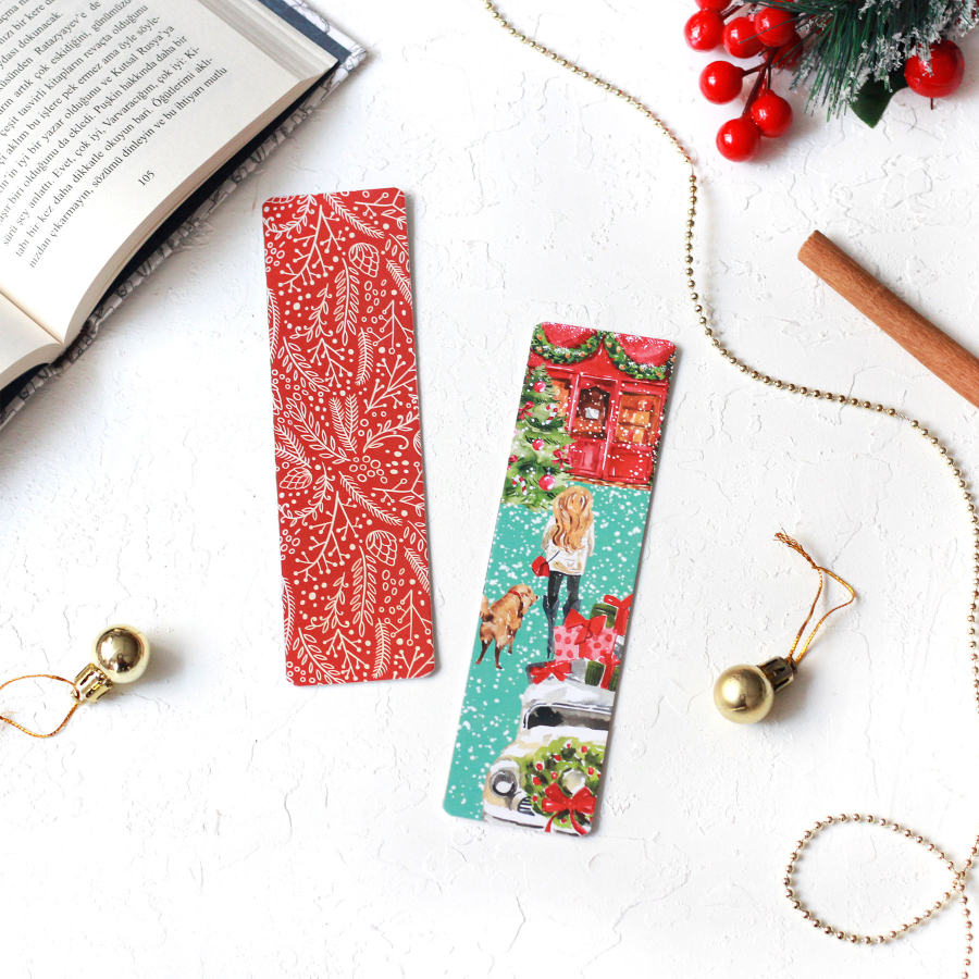 Christmas bookmark, red leaf-snowy street / 2 pcs - 1