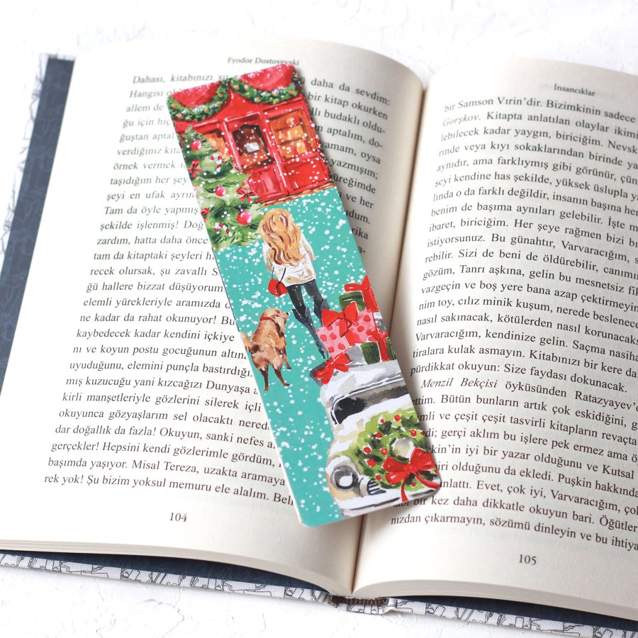 Christmas bookmark, red leaf-snowy street / 2 pcs - 3