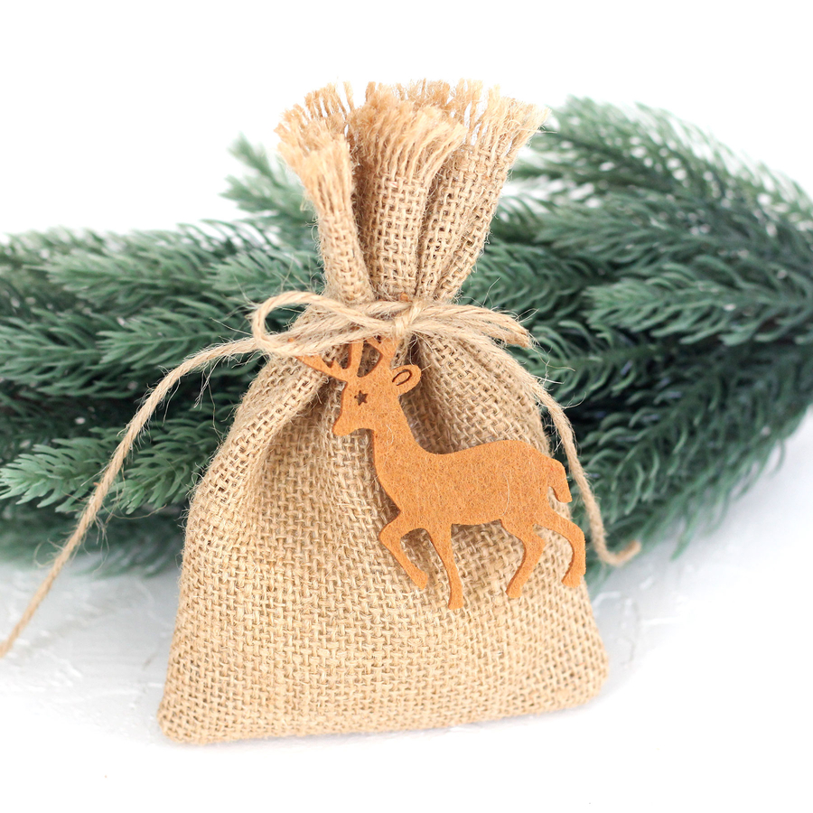 Tasselled jute pouch with felt deer, 10x15 cm / Coffee (2 pcs) - 1