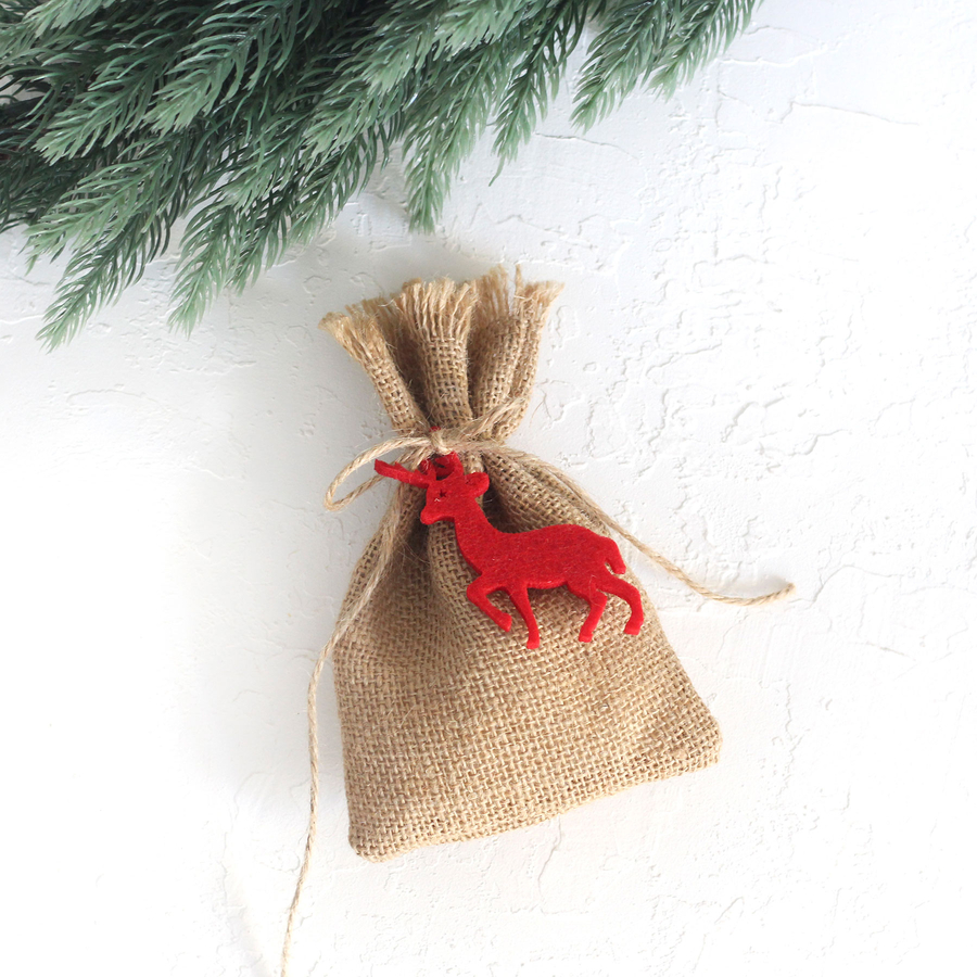 Tasselled jute pouch with felt deer, 10x15 cm / Red (2 pcs) - 3