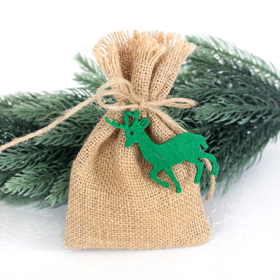 Tasselled jute pouch with felt deer, 10x15 cm / Green (2 pcs) - 1
