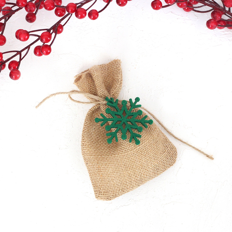 Felt snowflake decorated flat jute pouch, 10x15 cm / Green (2 pcs) - 3