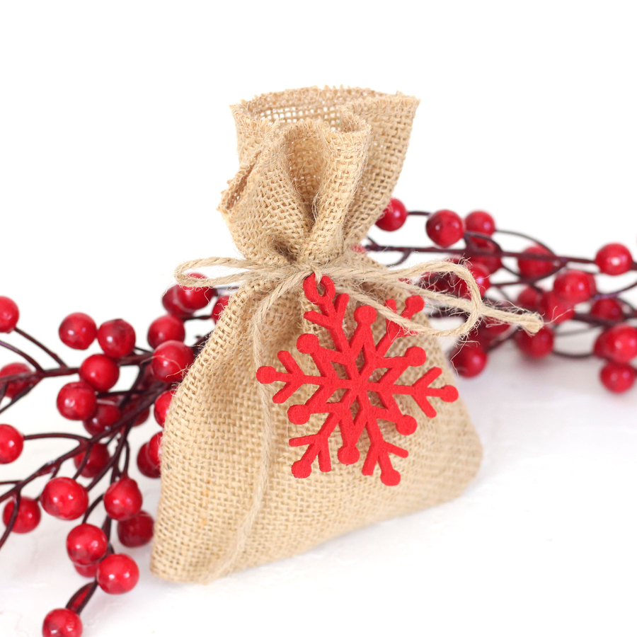 Felt snowflake decorated flat jute pouch, 10x15 cm / Red (2 pcs) - 1