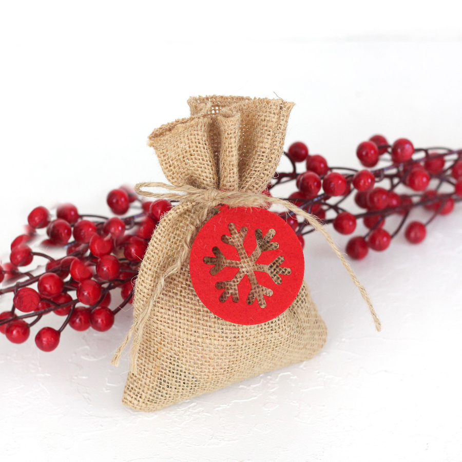 Round felt snowflake decorated flat jute pouch, 10x15 cm / Red (2 pcs) - 1