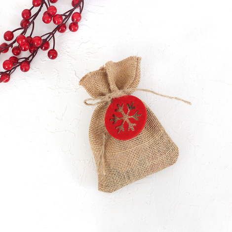 Round felt snowflake decorated flat jute pouch, 10x15 cm / Red (2 pcs) - 3