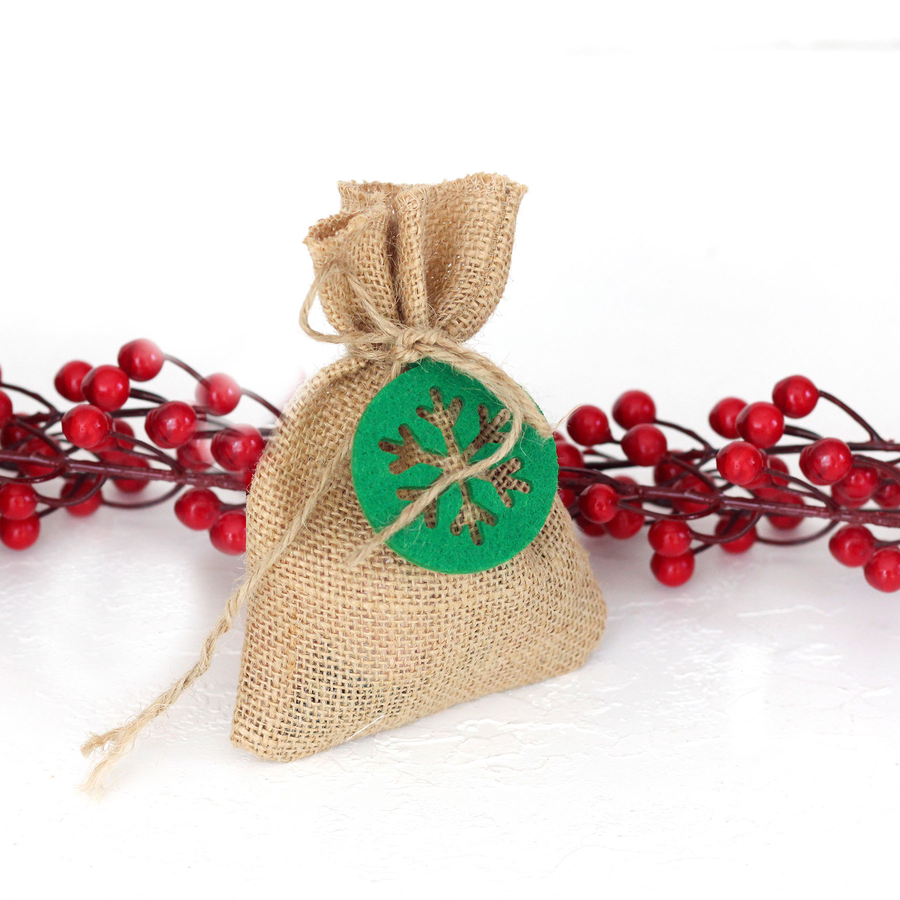 Round felt snowflake decorated flat jute pouch, 10x15 cm / Green (2 pcs) - 1