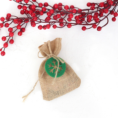 Round felt snowflake decorated flat jute pouch, 10x15 cm / Green (2 pcs) - 3