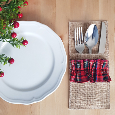 Red woven plaid cutlery cover, 10x22 cm / 2 pcs - 1