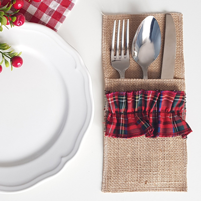 Red woven plaid cutlery cover, 10x22 cm / 2 pcs - 2