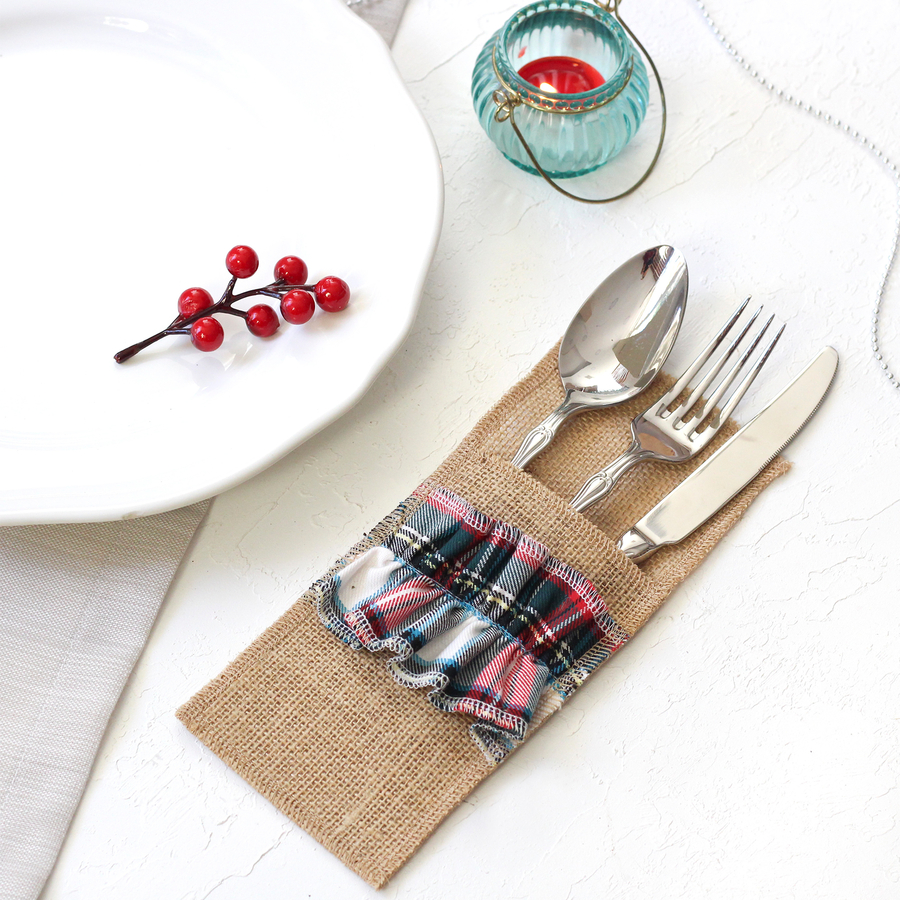 Green and white woven plaid cutlery cover, 10x22 cm / 2 pcs - 2