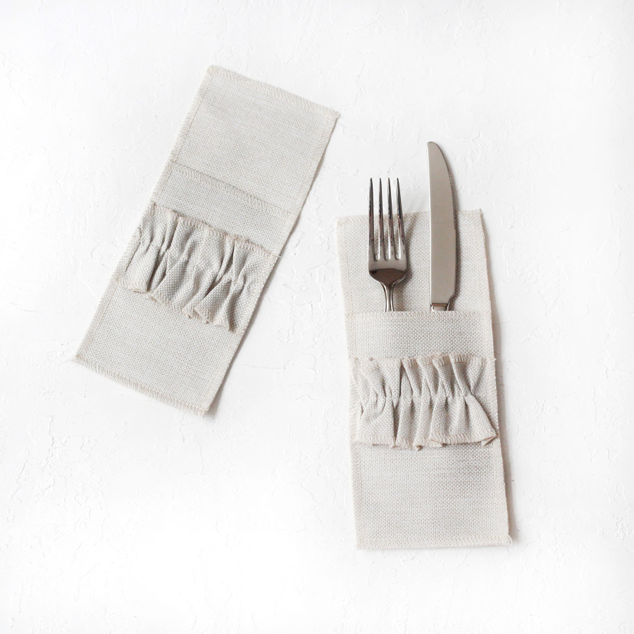 Ruffled poly-linen cutlery cover, natural, 10x22 cm / 2 pcs - 2