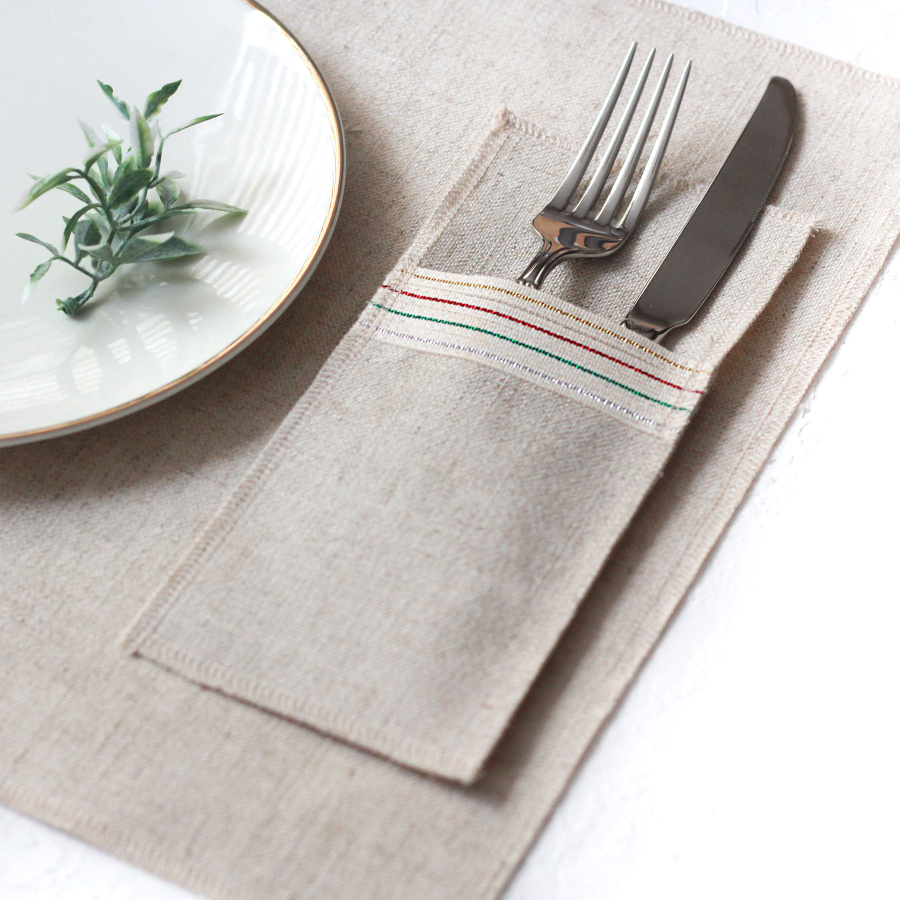 Poly-linen cutlery cover with Glittered stripes, natural, 10x22 cm / 2 pcs - 4