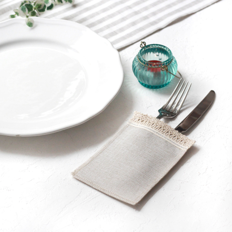 Poly-linen cutlery service with cream lace edging and Glittered silver stripes, 10x15 cm / 4 pcs - 3