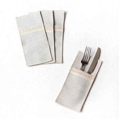 Poly-linen cutlery service with cream lace edging and Glittered silver stripes, 10x22 cm / 4 pcs - 2