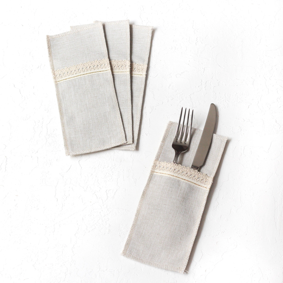 Poly-linen cutlery service with cream lace edging and Glittered gold stripes, 10x22 cm / 4 pcs - 2