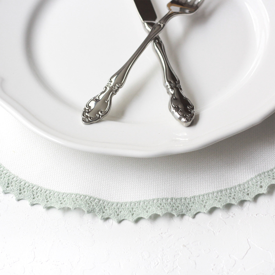 White poly-linen supla with aqua green lace edging, 36 cm / 6 pcs - 4