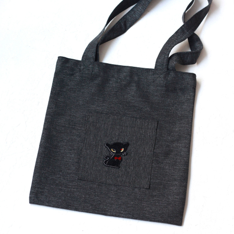 Black cat, black poly-linen fabric bag, 35x40 cm - 2