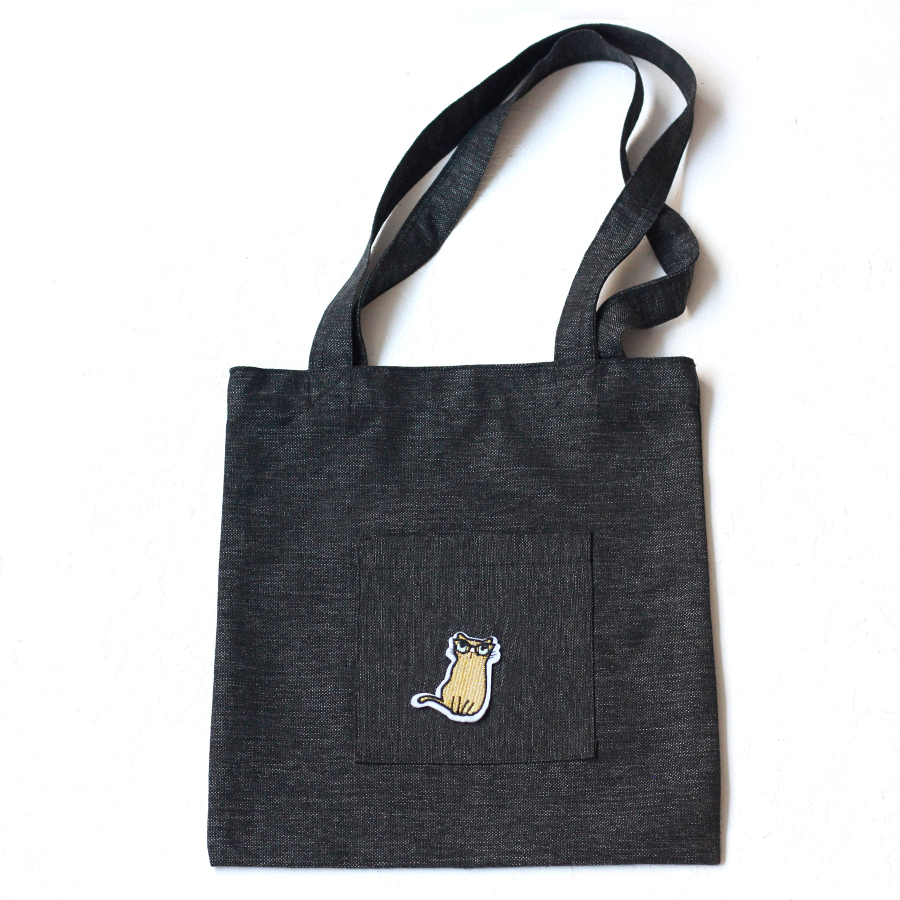Yellow cat, black poly-linen fabric bag, 35x40 cm - 1
