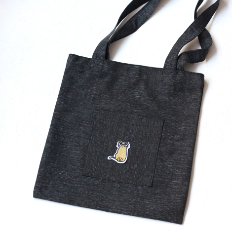 Yellow cat, black poly-linen fabric bag, 35x40 cm - 2