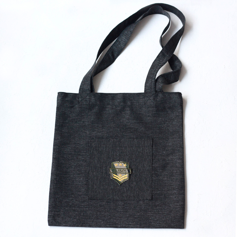 Army yellow stars, black poly-linen fabric bag, 35x40 cm - 1