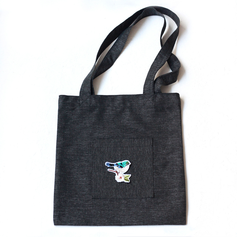 Blossom bird, black poly-linen fabric bag, 35x40 cm - 1
