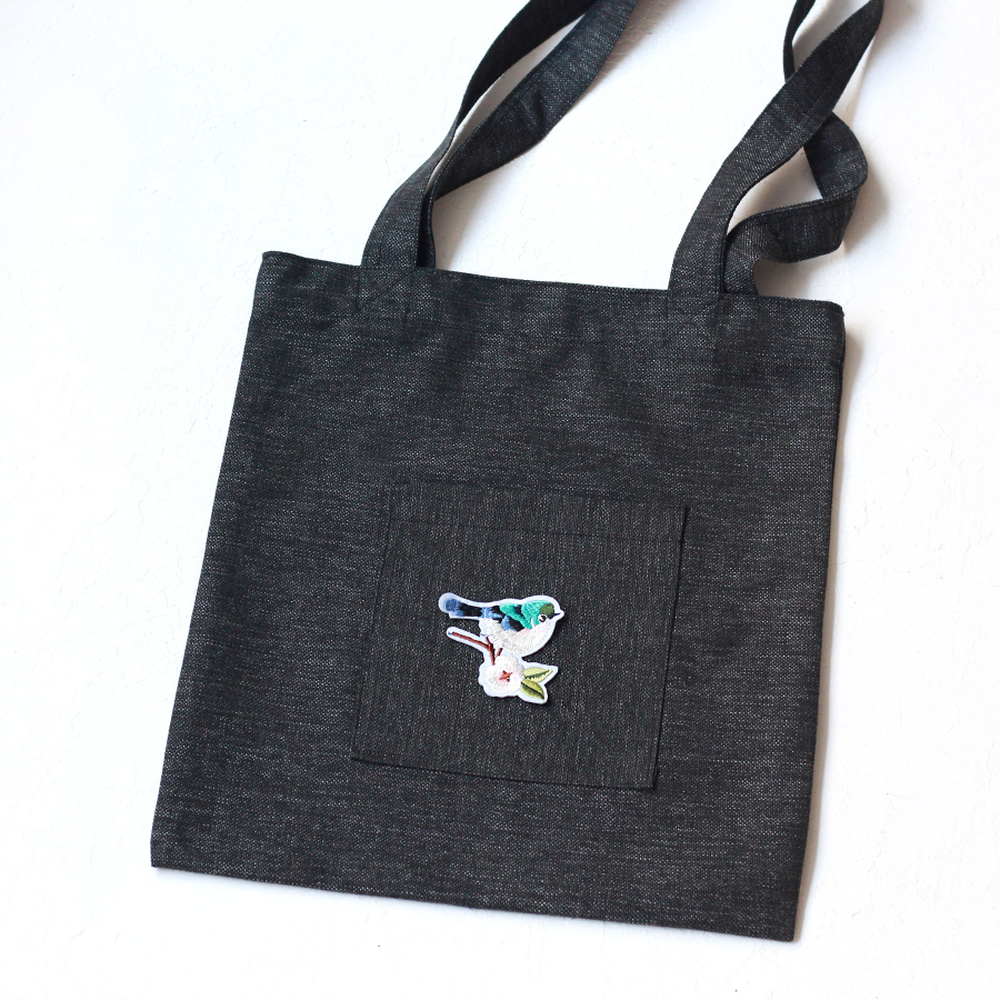 Blossom bird, black poly-linen fabric bag, 35x40 cm - 2
