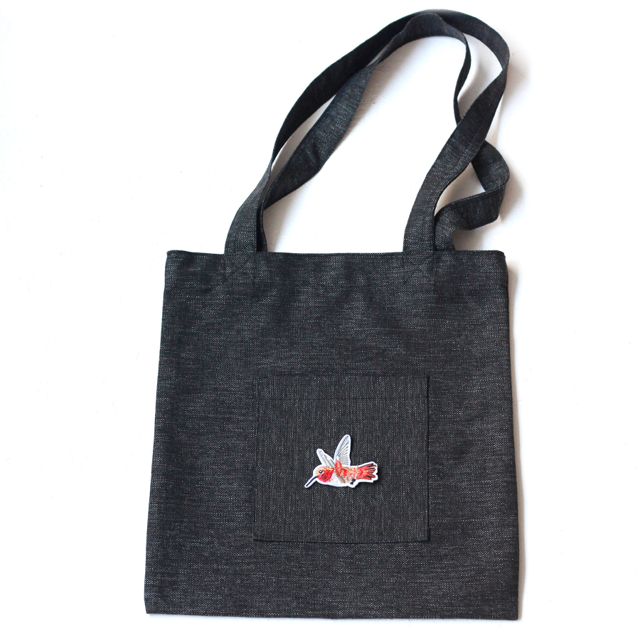 Hummingbird, black poly-linen fabric bag, 35x40 cm - 1