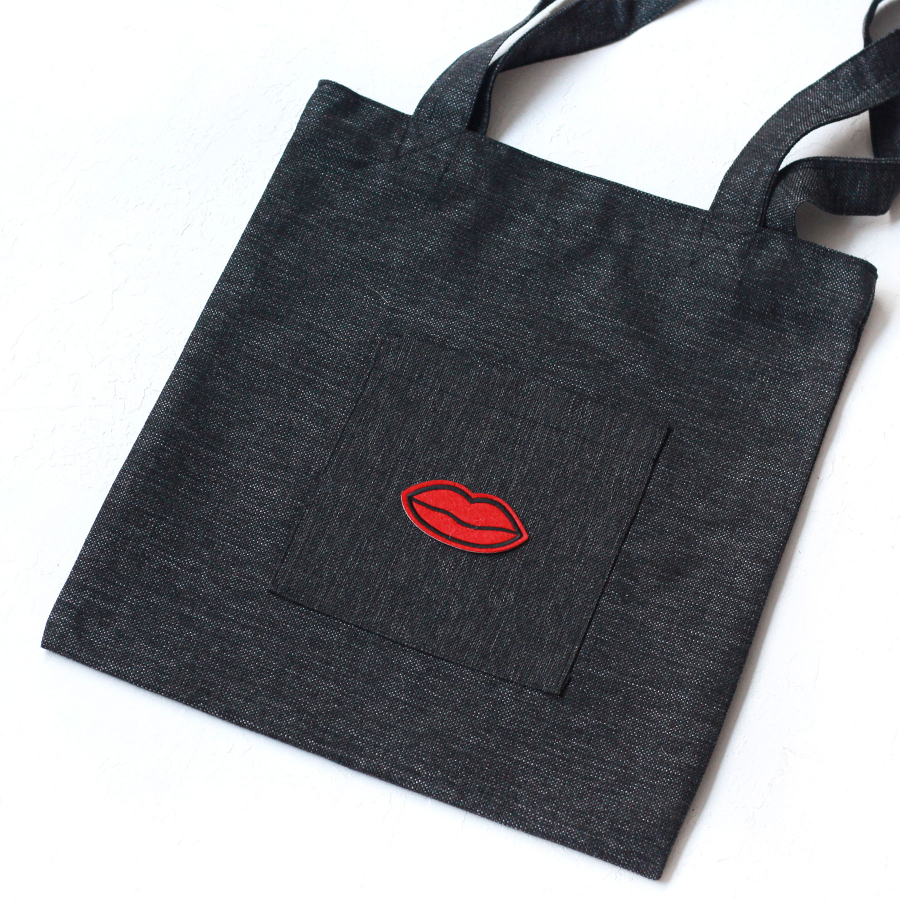 Lips, black poly-linen fabric bag, 35x40 cm - 2