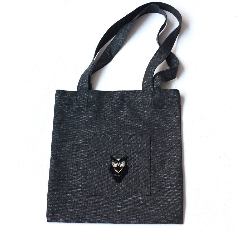Owl, black poly-linen fabric bag, 35x40 cm - 1