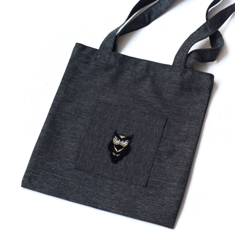 Owl, black poly-linen fabric bag, 35x40 cm - 2